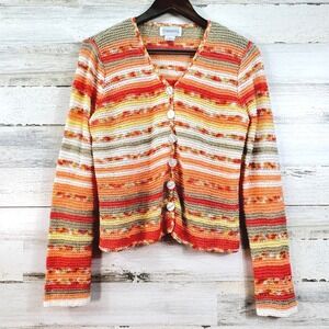 Chadwicks Medium Striped Crochet Knit‎ Cardigan Orange Red V-Neck Button Up